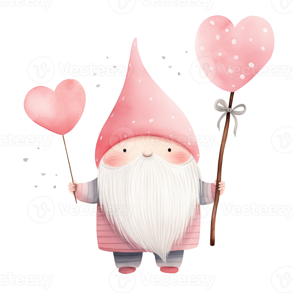 AI generated Pink gnome Standing with one hand Holding heart balloon. png