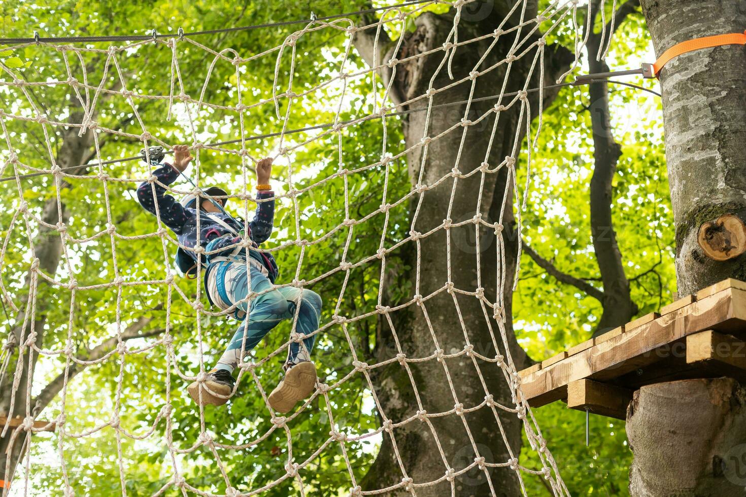 adventure climbing high wire park - children on course rope park. Portrait of cute little girl walk on a rope bridge in rope park photo