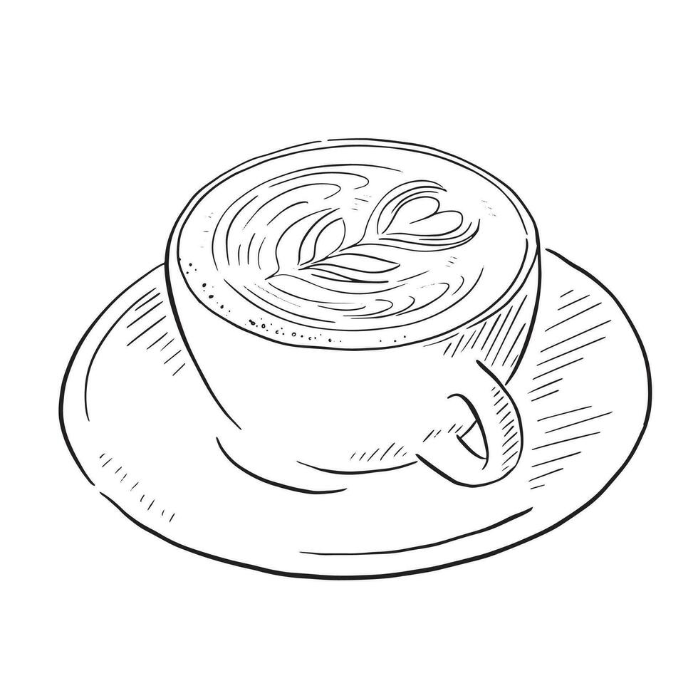 A line drawn sketch of a cappuccino taken from life in a UK cafe. Hand drawn on Procreate using an apple pencil. vector
