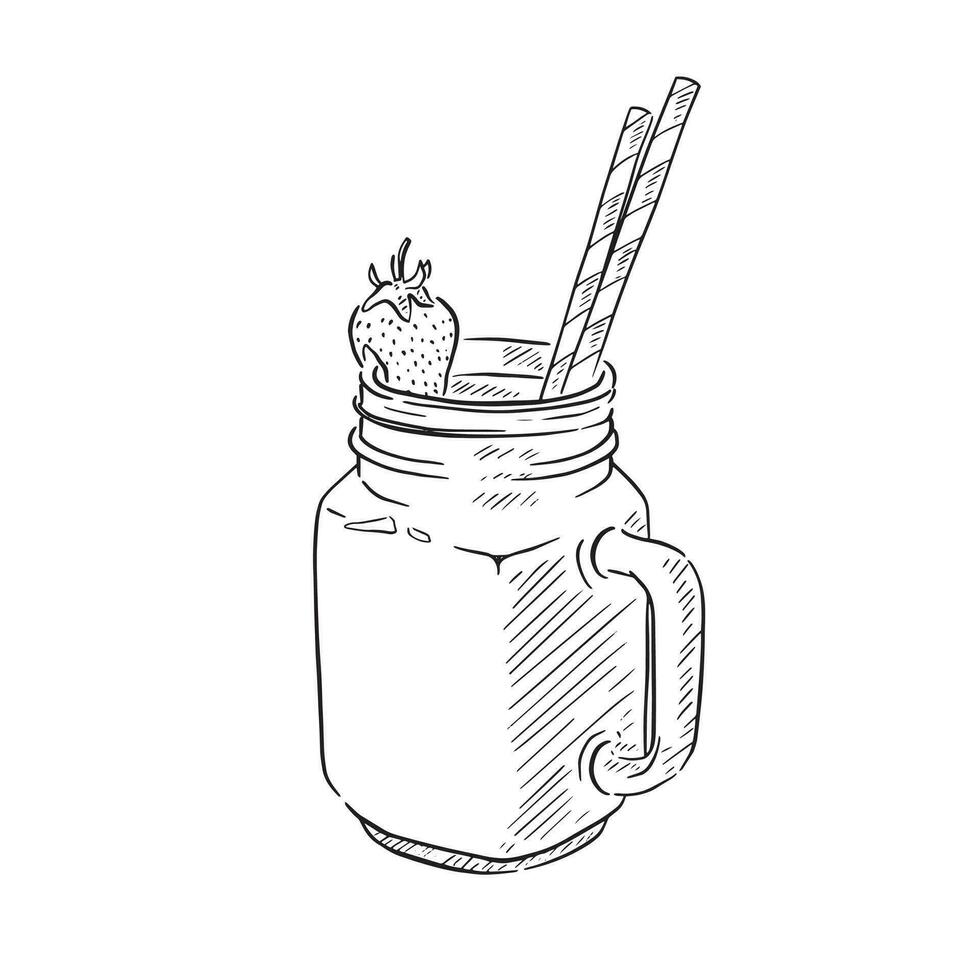 A line drawn illustration of a breakfast smoothie with two eco straws, a strawberry and in a ramekin style jar. vector