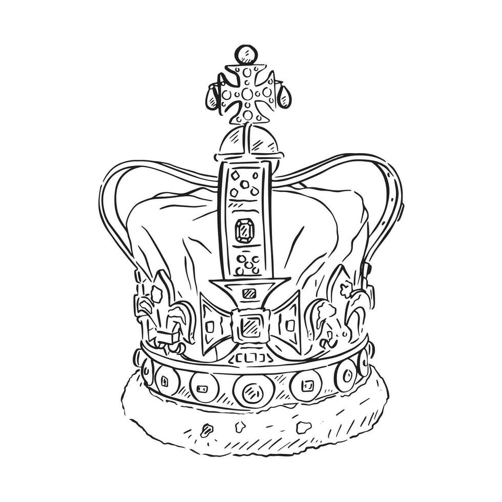 mano dibujado corona en negro y blanco línea. línea dibujo inspirado por el británico monarquía. vector