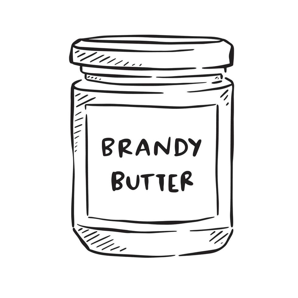 A line drawn black and white illustration of Brandy Butter. The perfect accompaniment to Christmas Pudding and other festive desserts. Hand drawn jar with 'brandy butter' written in capital letters. vector