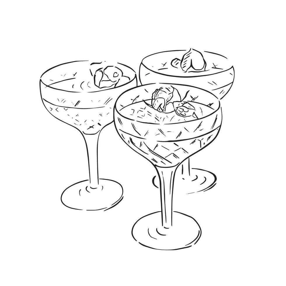 A line drawn illustration of three cut glass champagne coupe glasses with a garnish in the top of each one. Perfect for a wedding themed design. vector