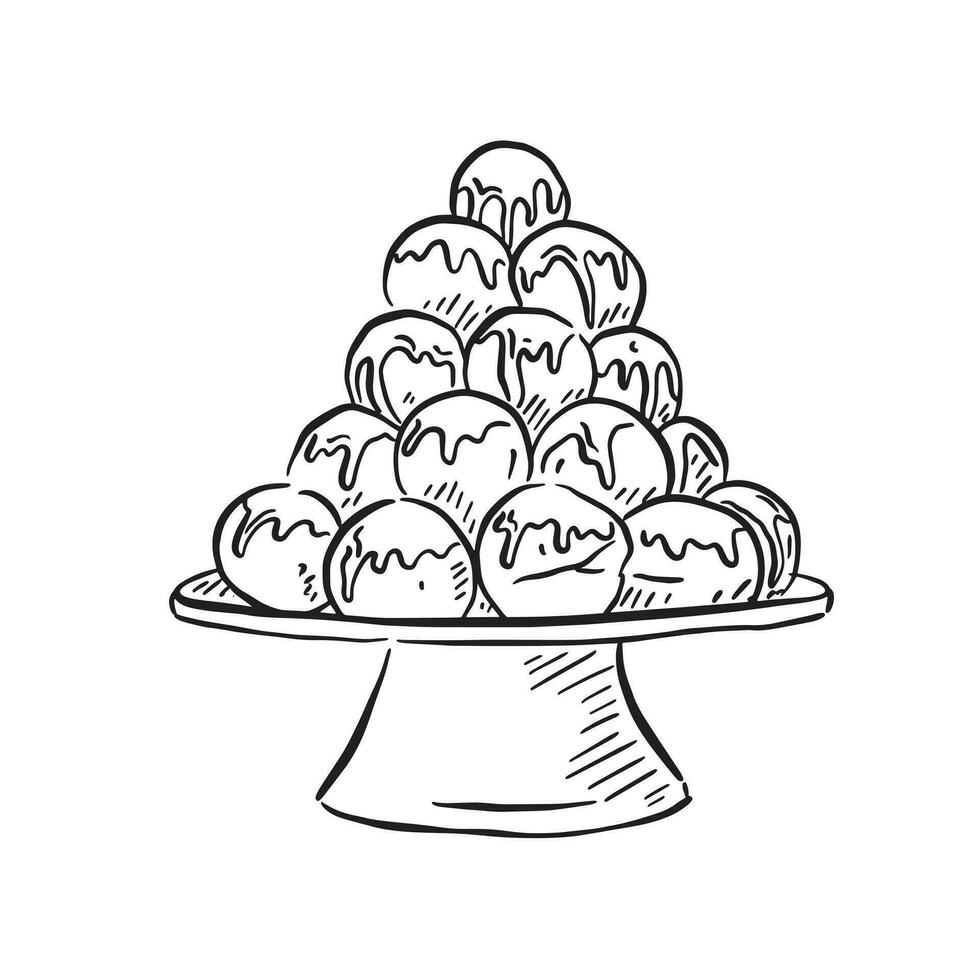 A line drawn pile of profiteroles on a platter. A lovely hand drawn black and white pudding featuring pastry, cream and chocolate. vector