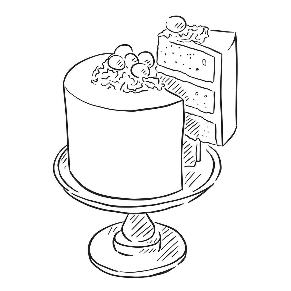 A line drawing of an Easter cake on a cake stand with a slice being lifted from the stand. vector