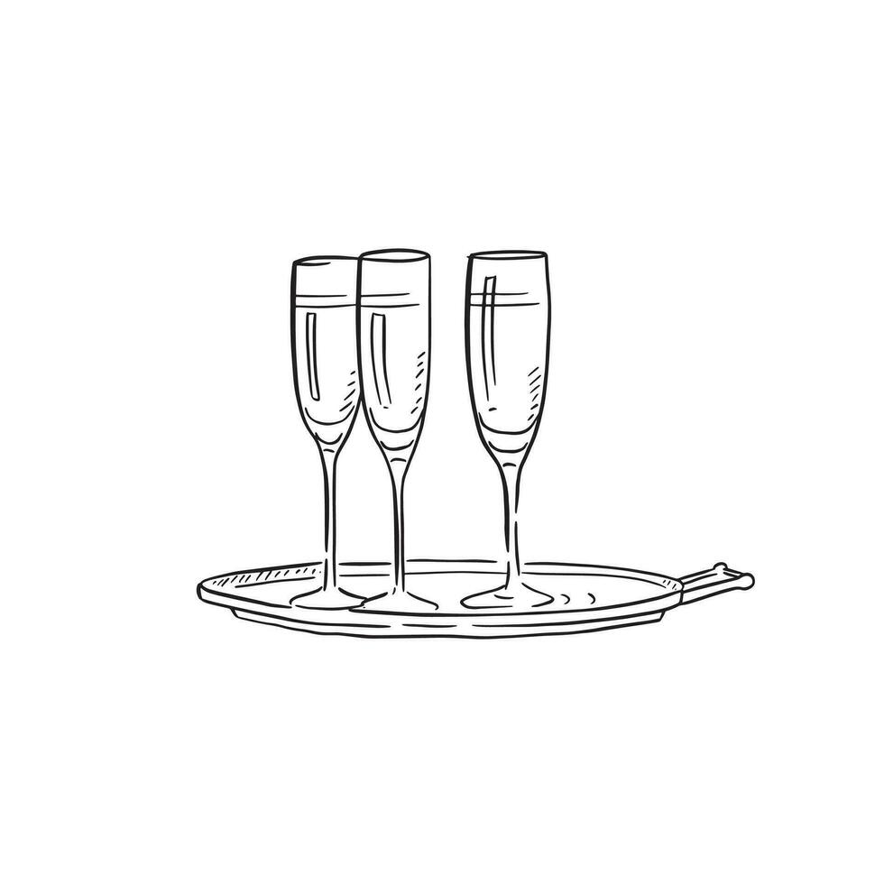 A line drawn illustration of three champagne glasses on a silver platter. The perfect vector for event or wedding stationery and signage, hand drawn on Procreate.