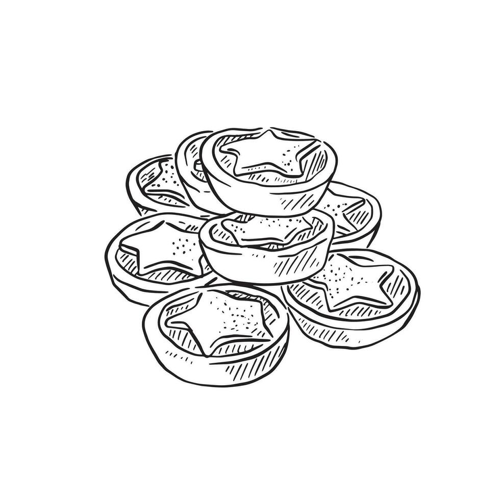 A line drawn pile of mince pies with stars cut out and placed on the top. Hand drawn black and white illustration. vector