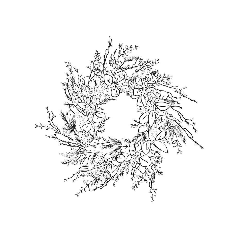 A line drawn wild Christmas wreath in black and white. Hand drawn on Procreate using an Apple Pencil, featuring berries and fur tree elements. vector