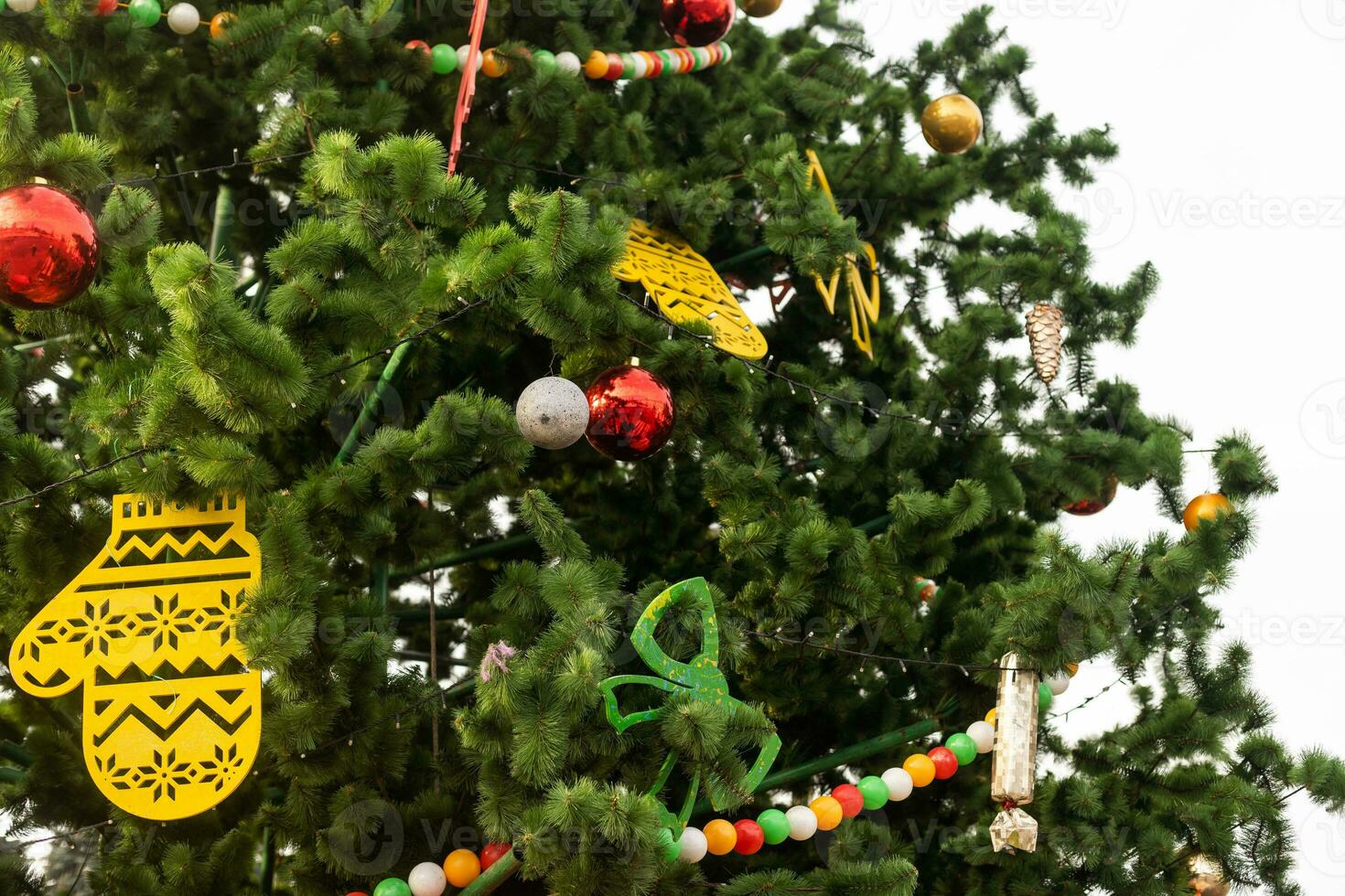 Merry christmas and new year, beautiful decorated Christmas trees in street. photo