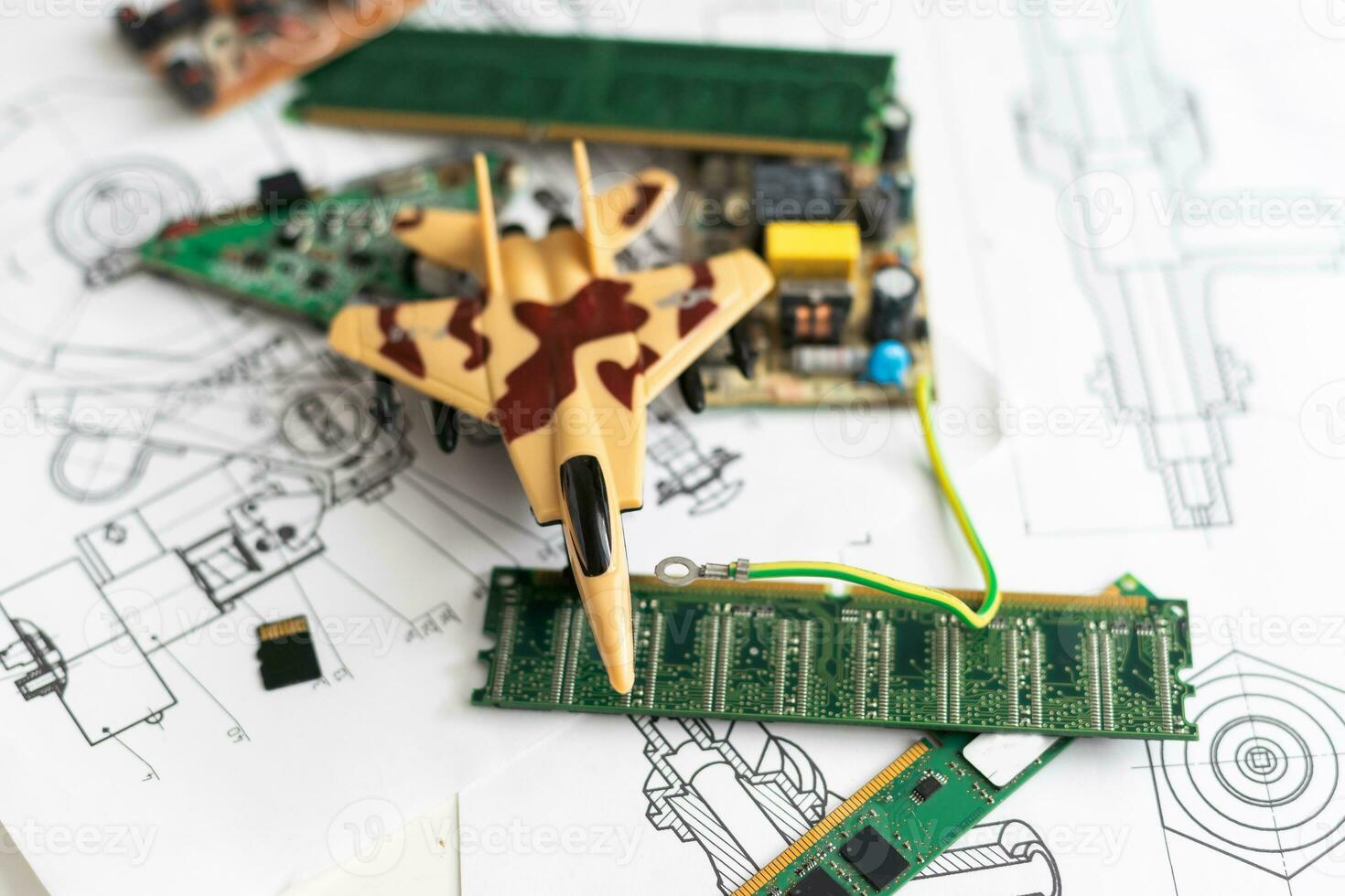 Electronic circuit and tools, real workplace of electronic engineer military plane photo