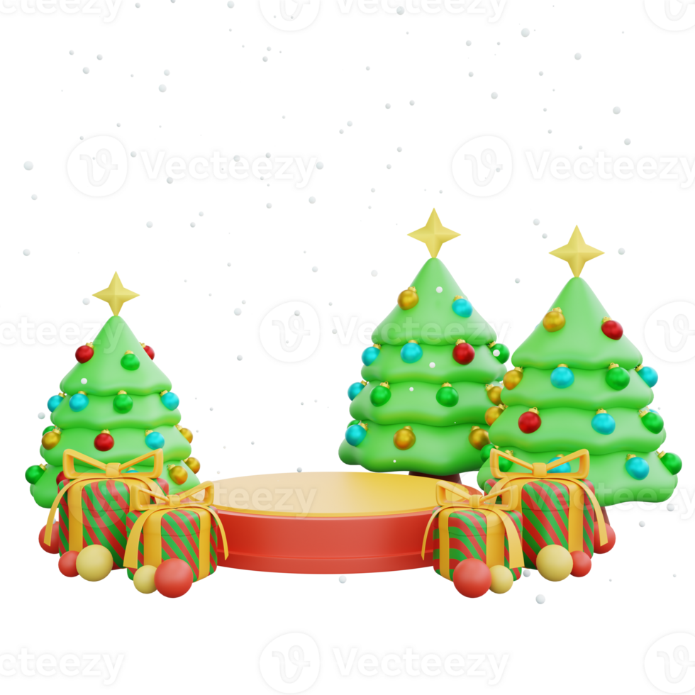 3D illustration of Christmas Trees Podium with Presents. Christmas decoration design png