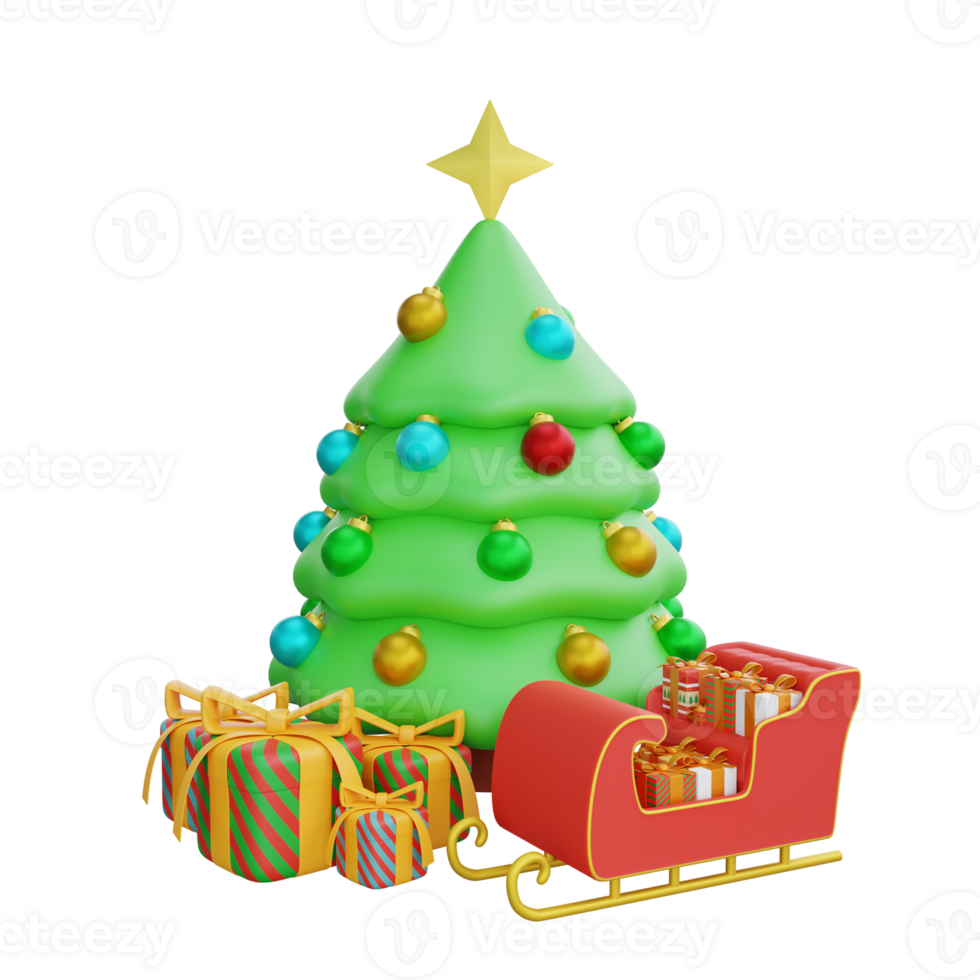 3D illustration of Christmas Tree with Gifts and Sleigh. Christmas decoration design png