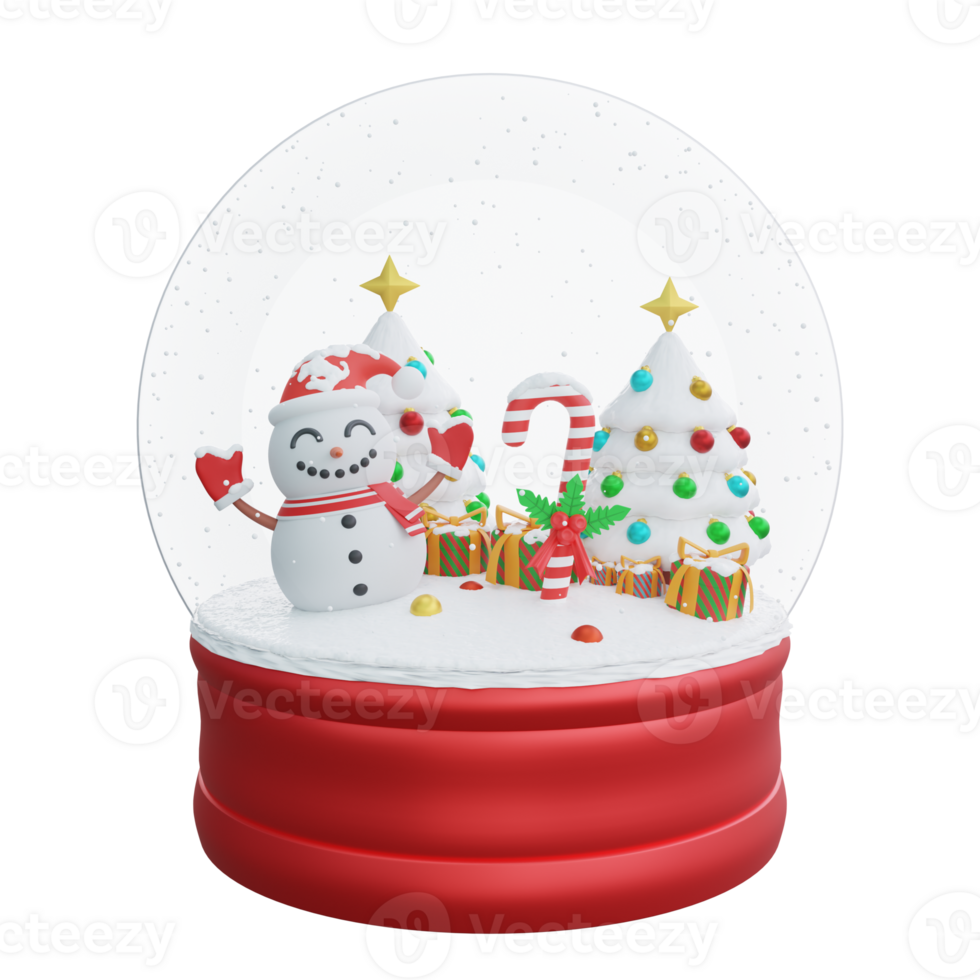 3d Illustration von Weihnachten Schnee Globus mit Schneemann und Baum. Weihnachten Dekoration Design png