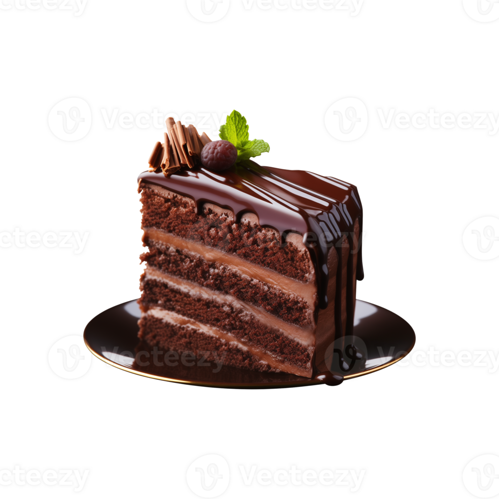 AI generated sliced sweet and tasty chocolate cake on a plate  isolated on a transparent background, cut out, PNG