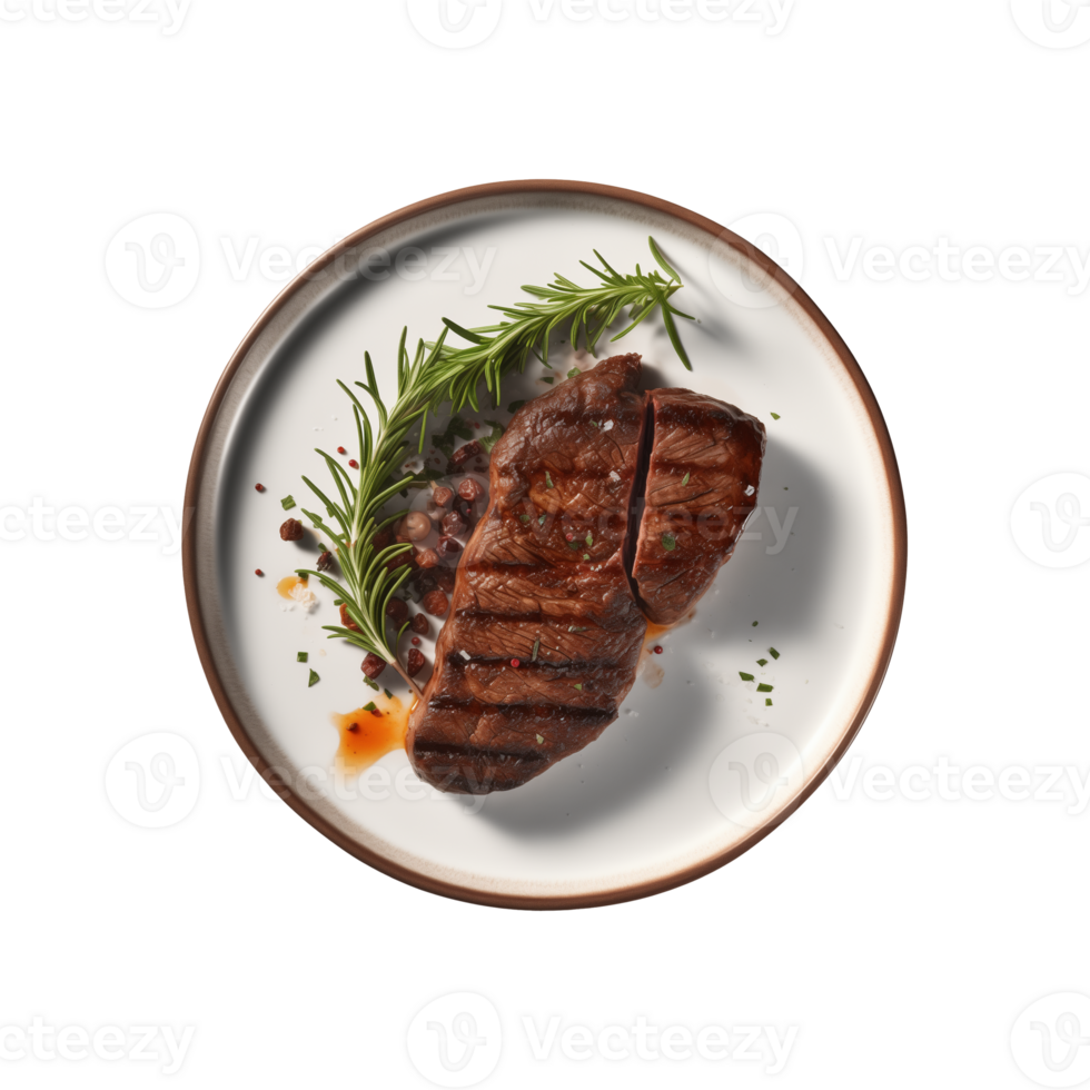 AI generated top view beef steak in a plate isolated on a transparent background, PNG