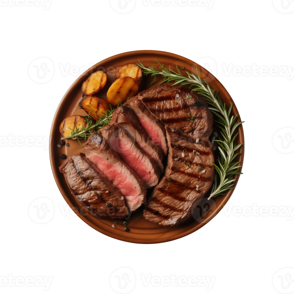 AI generated top view beef steak in a plate isolated on a transparent background, PNG