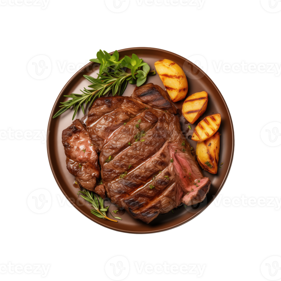 AI generated top view beef steak in a plate isolated on a transparent background, PNG