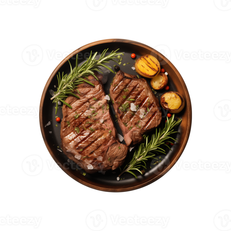 AI generated top view beef steak in a plate isolated on a transparent background, PNG