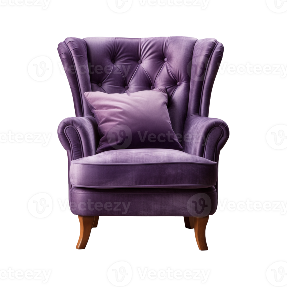 AI generated Comfortable purple armchair isolated on a transparent background. Interior element, PNG