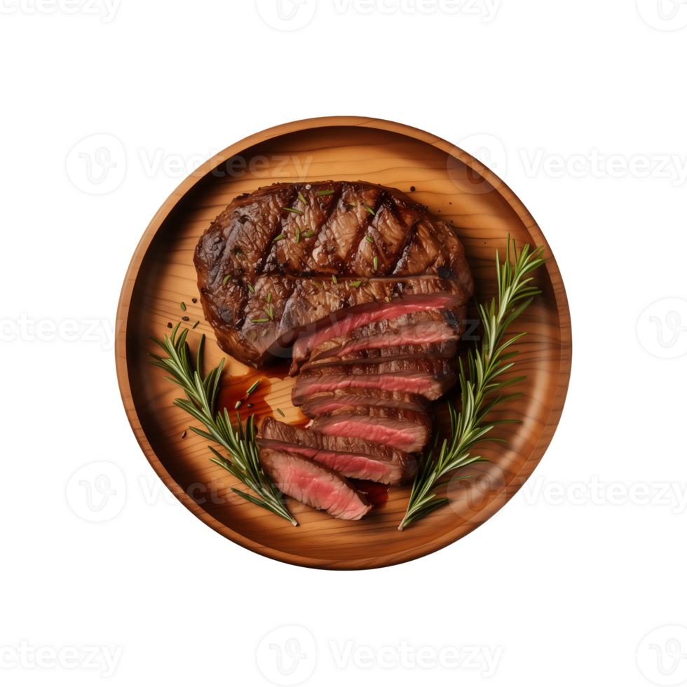 AI generated top view beef steak in a plate isolated on a transparent background, PNG