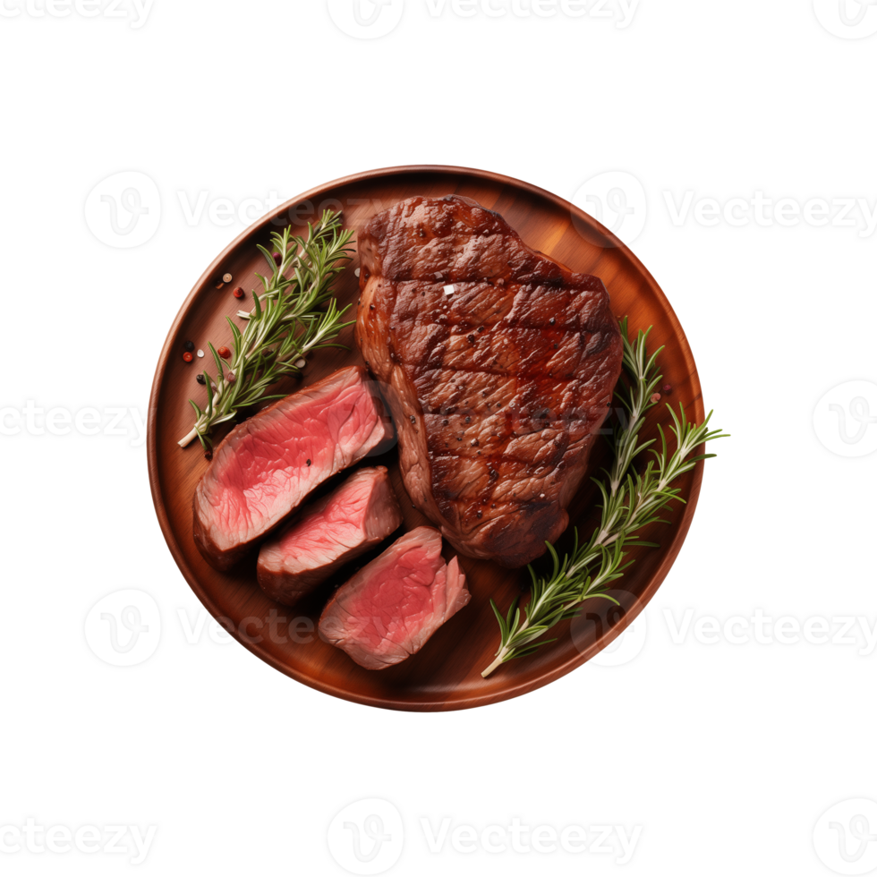 AI generated top view beef steak in a plate isolated on a transparent background, PNG