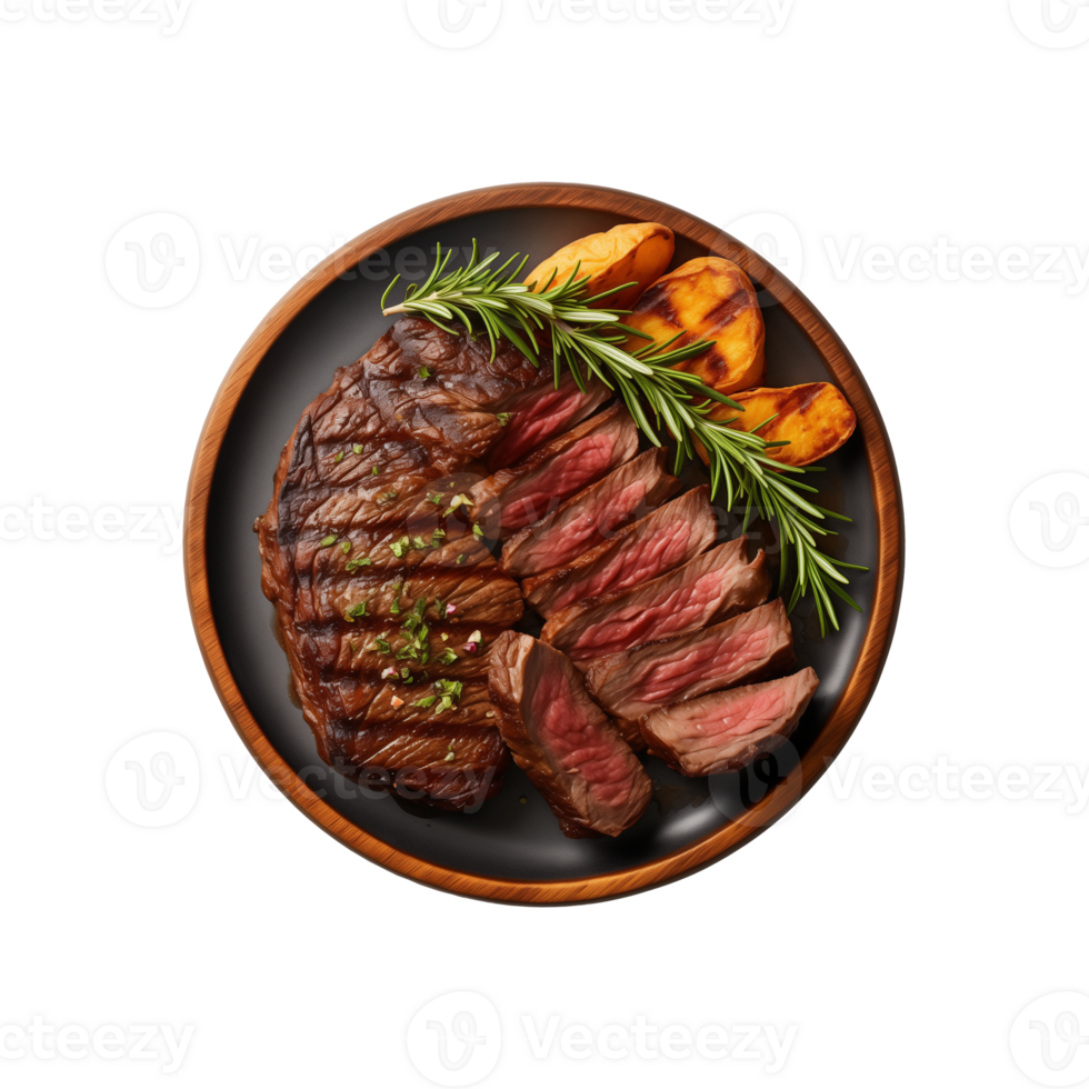AI generated top view beef steak in a plate isolated on a transparent background, PNG