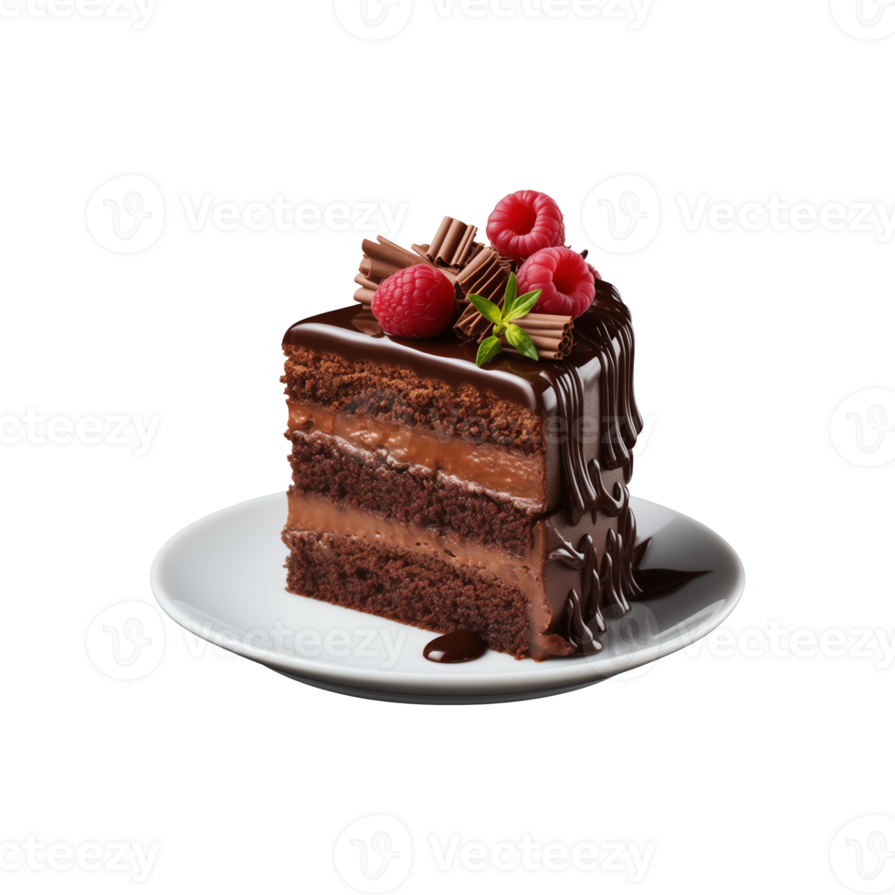 AI generated sliced sweet and tasty chocolate cake on a plate  isolated on a transparent background, cut out, PNG