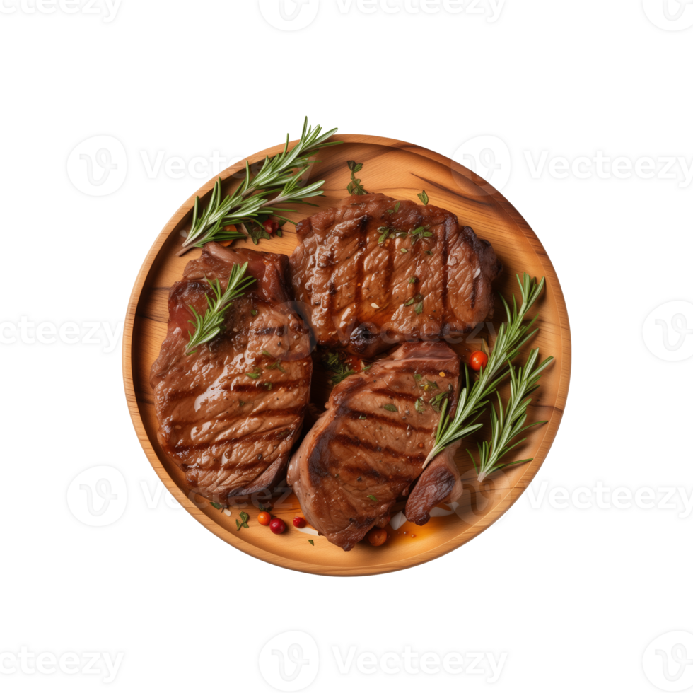 AI generated top view beef steak in a plate isolated on a transparent background, PNG