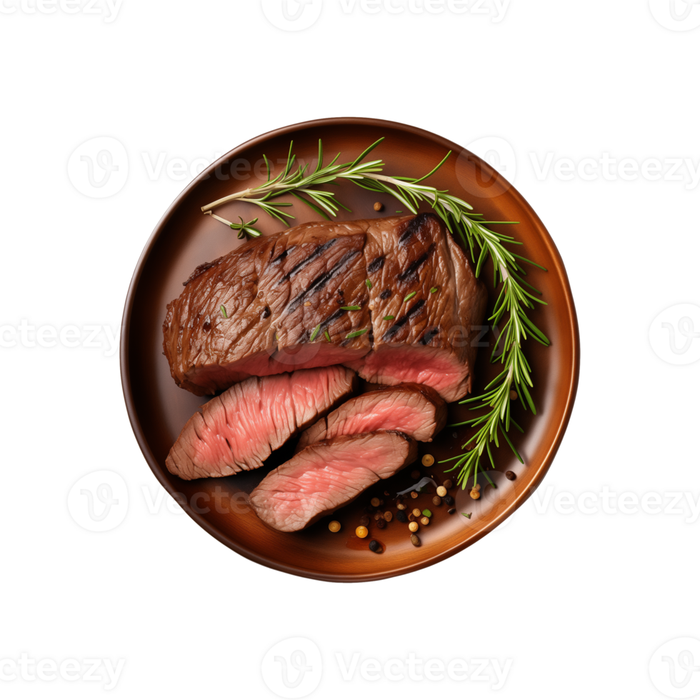 AI generated top view beef steak in a plate isolated on a transparent background, PNG