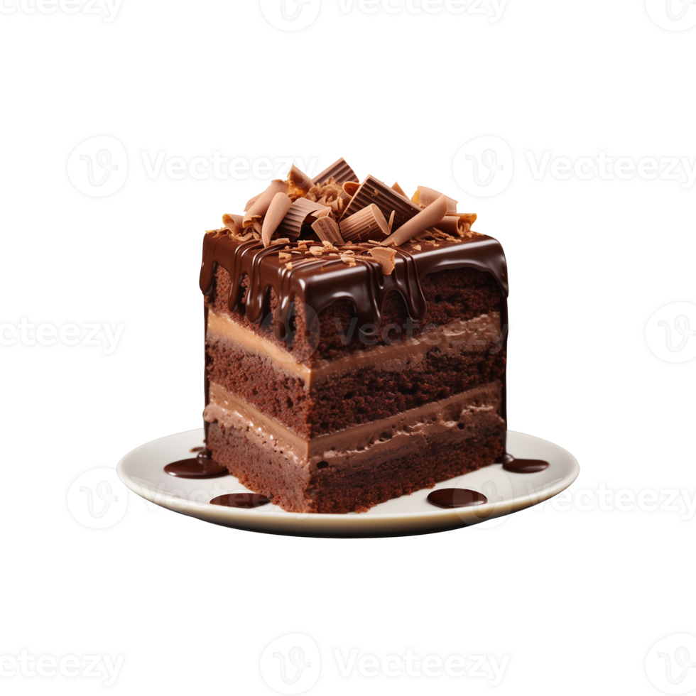 AI generated sliced sweet and tasty chocolate cake on a plate  isolated on a transparent background, cut out, PNG