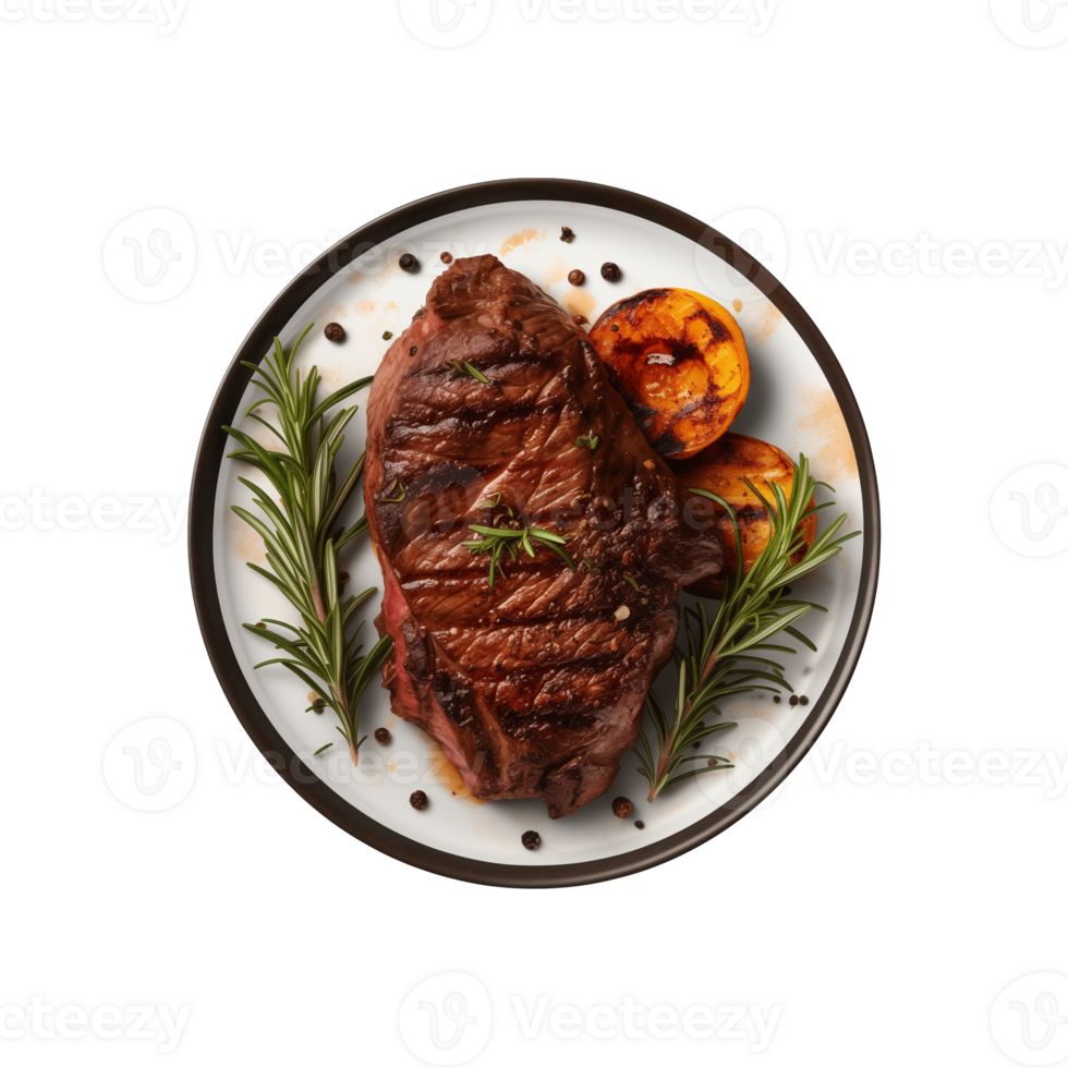 AI generated top view beef steak in a plate isolated on a transparent background, PNG