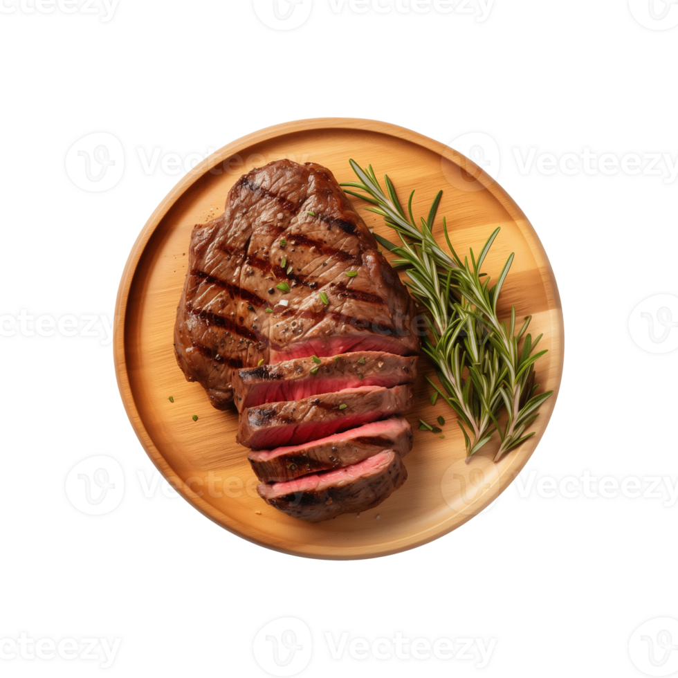 AI generated top view beef steak in a plate isolated on a transparent background, PNG