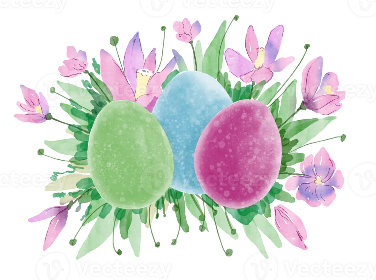 Watercolor illustration with colored Easter eggs and flowers isolated on on white background. Happy Easter. png