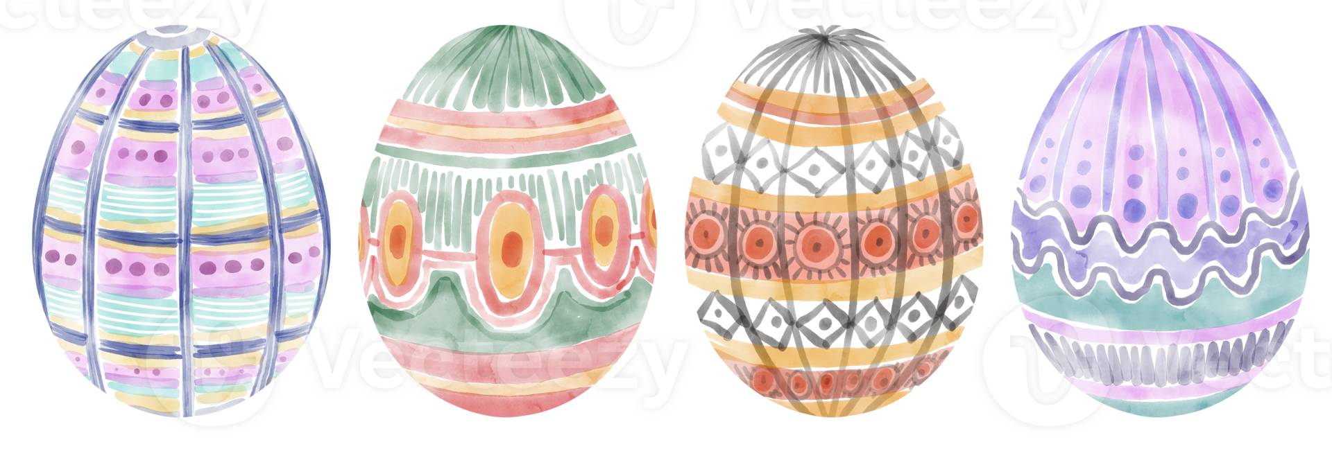 Set of watercolor Easter eggs with geometric pattern. Collection of Hand drawn colored Easter eggs with ornament on white background png