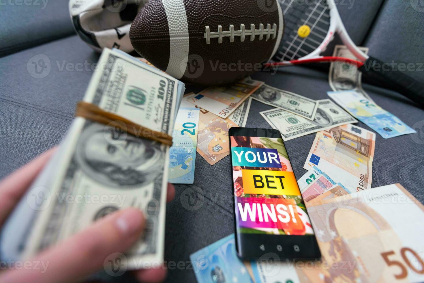 American Football Player. Sports betting on american football. Bets in the mobile application. photo