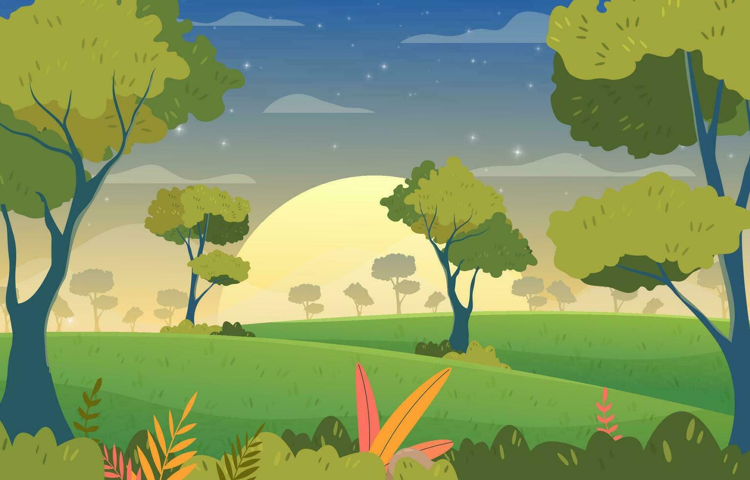 vector ilustración antecedentes colina paisaje noche paisaje con puesta de sol