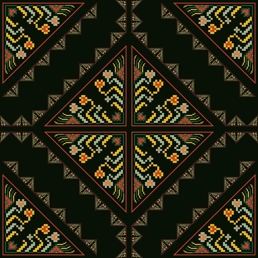 Ethnic geometric floral embroidery pattern. Ethnic geometric square floral shape seamless pattern. Ethnic geometric floral stitch pattern use for textile, home decoration elements, upholstery. vector