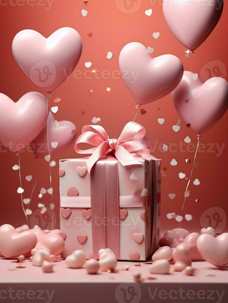 AI Generated Valentines Day greeting background with heart shaped balloons, golden ribbon, gift boxes and tinsel. Advertisement template for holiday sale. photo