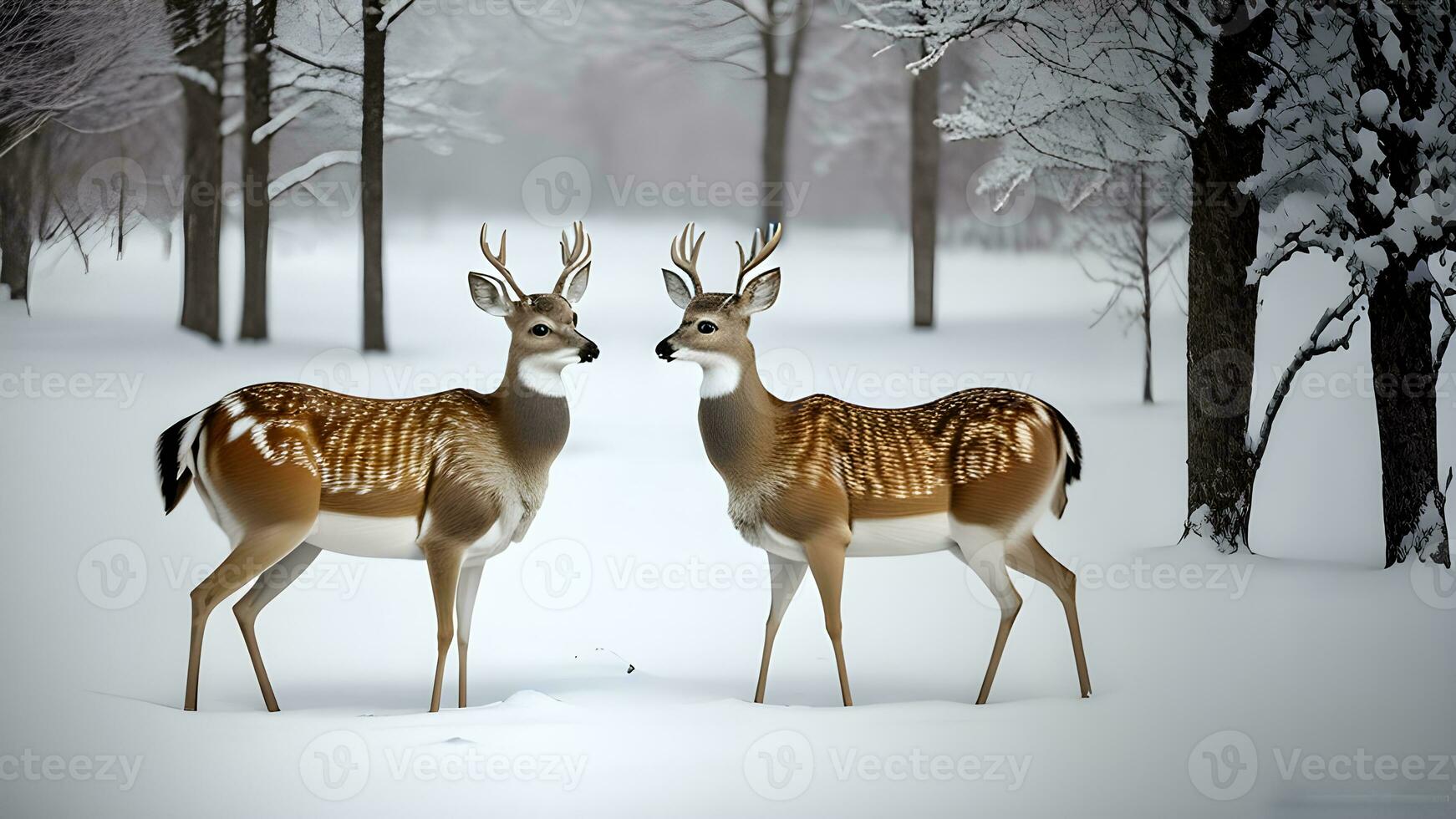 AI generated Serene Winter Haven, Majestic White-Tailed Deer Grace a Snowy Meadow photo