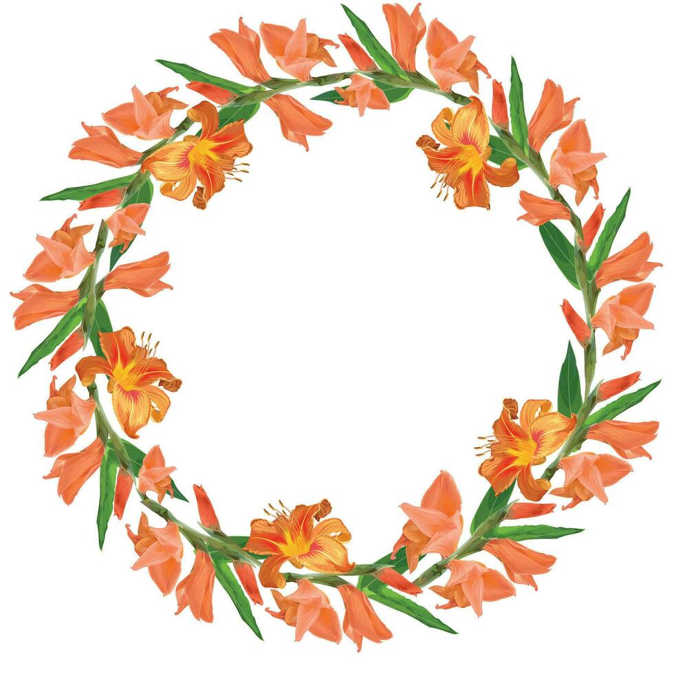 Round wreath of buds of orange lilies and gladiolus vector