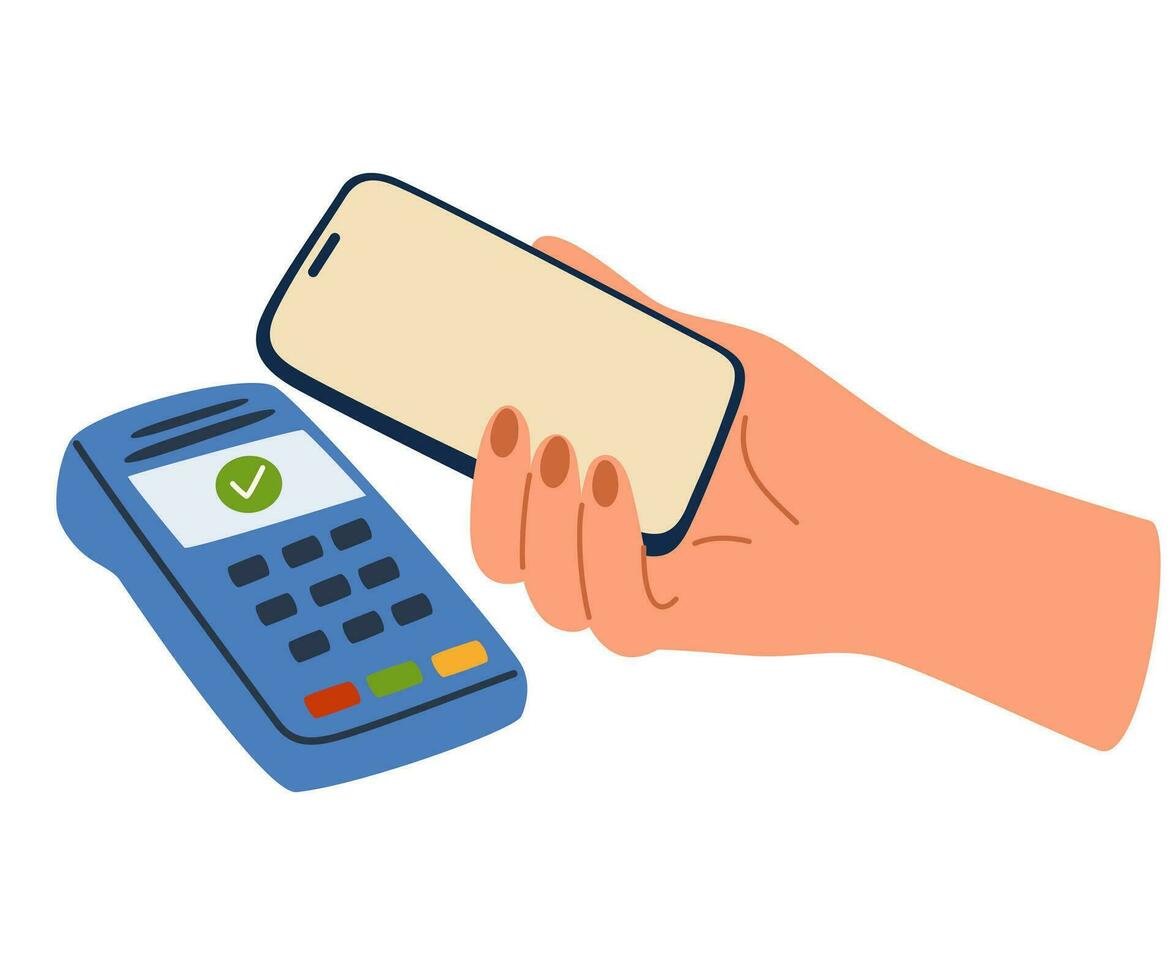 persona paga para un compra por teléfono. sin contacto sin efectivo inalámbrico pago colocar. manos pago con banco débito tarjetas, pos Terminal, qr escáner, móvil teléfono aplicación y inteligente mirar. plano vector ilustración