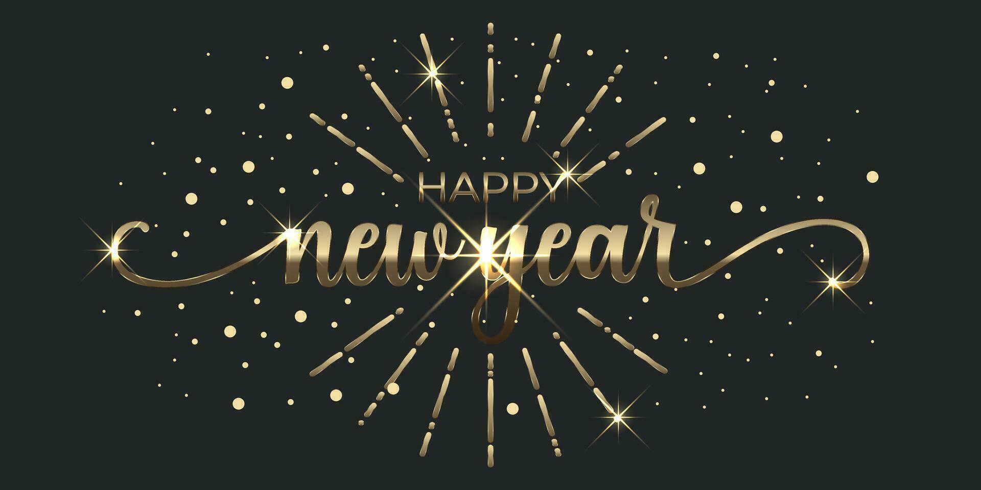 Happy new year gold letters banner, vector art and illustration background.