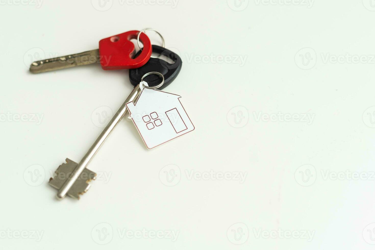 key chain with house symbol and keys on white background, Real estate concept photo