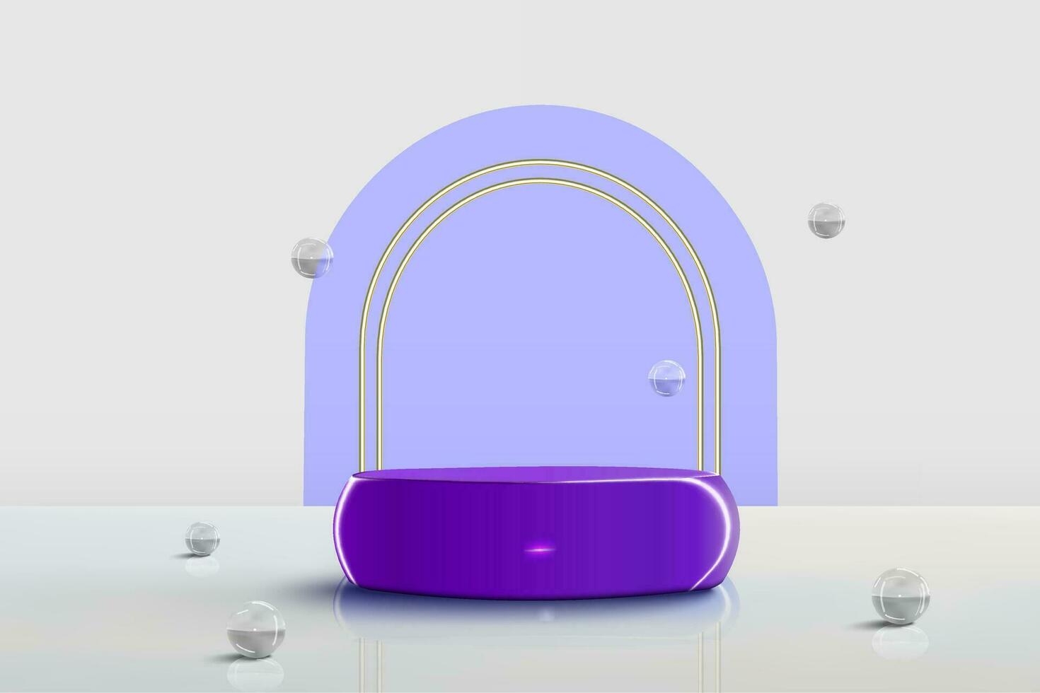 Podium stand scene for product placement with glass balls and golden arch vector