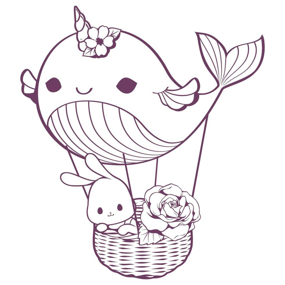Rabbit and roses in a balloon whale doodle vector