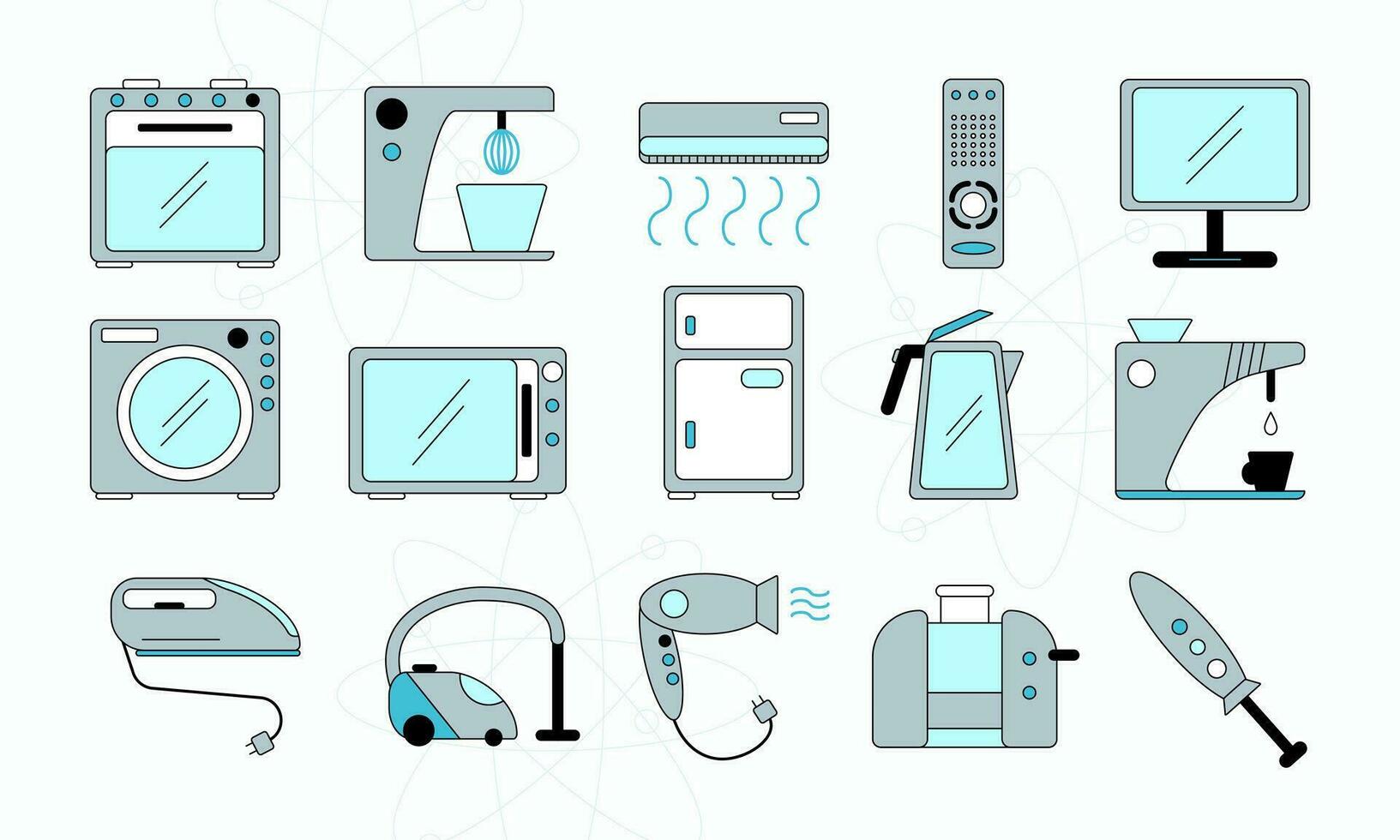 Set of household appliances icons. Vector outline icon grey and blue colors. Home appliances theme.