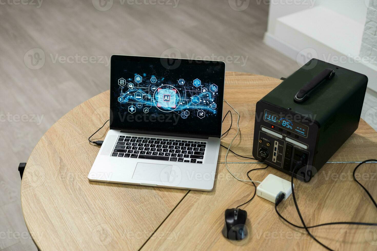 Portable power station solar electricity generator laptop, phone, tablet and digital camera electronic devices charging. Wireless charging battery backup, power outage emergencies outdoors, camping photo