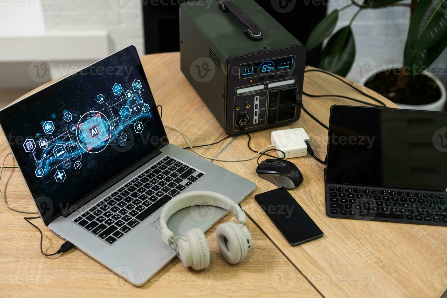 Portable power station solar electricity generator laptop, phone, tablet and digital camera electronic devices charging. Wireless charging battery backup, power outage emergencies outdoors, camping photo