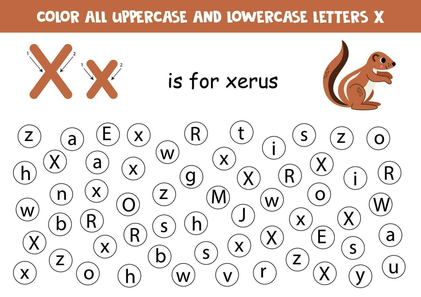 Find and dot all letters X. Educational worksheet for learning alphabet. Cute xerus. vector