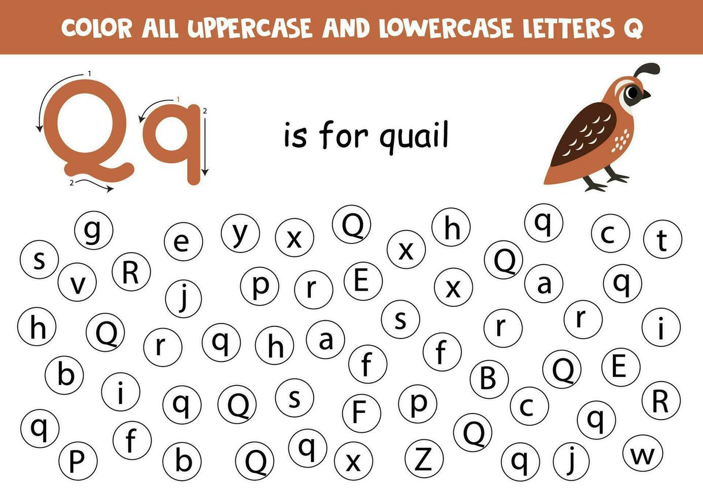 Find and dot all letters Q. Educational worksheet for learning alphabet. Cute quail bird. vector